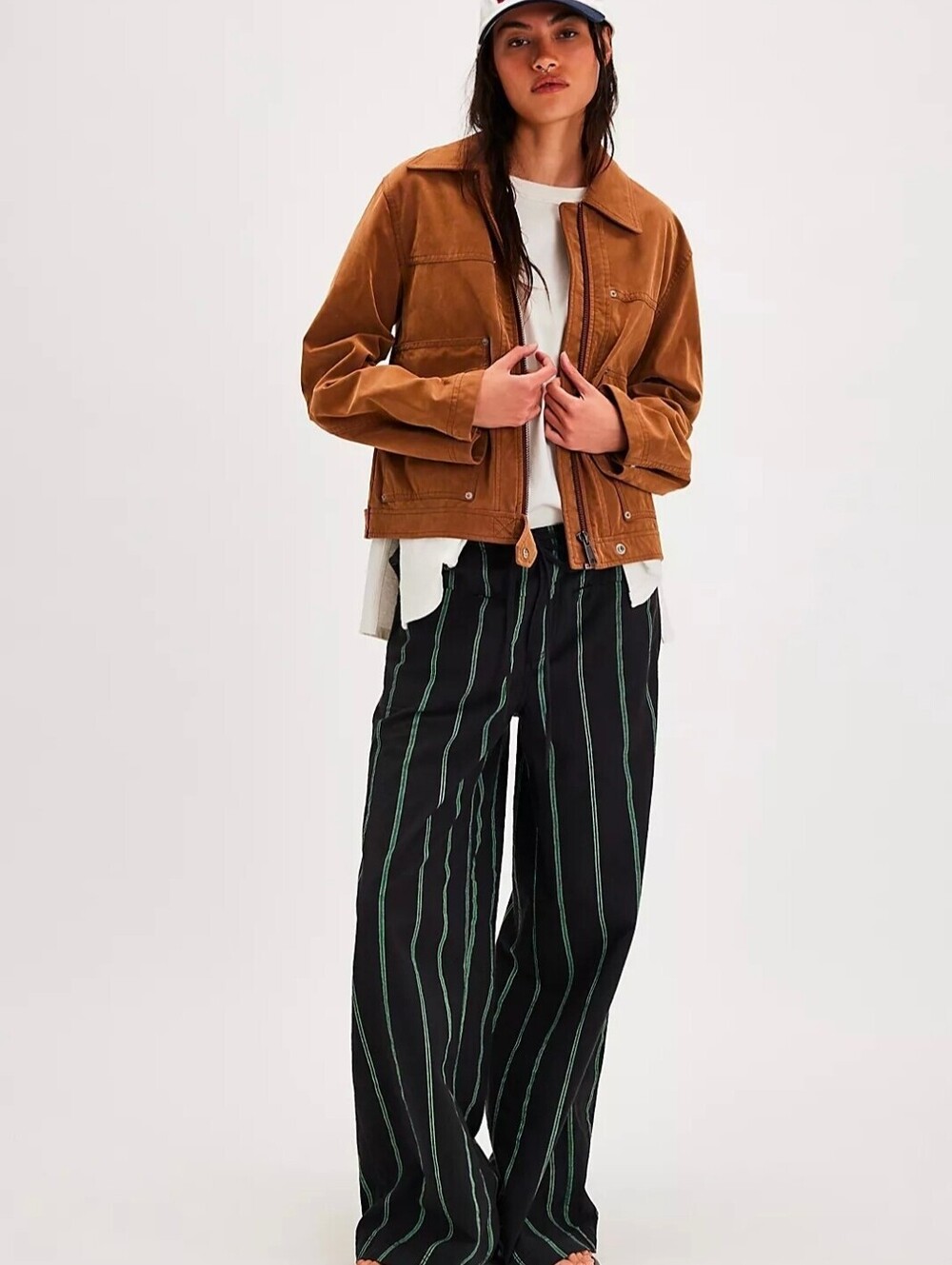 Free People Black Green Striped Wide Leg Pants